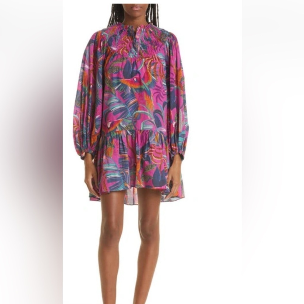 Farm rio small pink multi rainbow macaws long sleeve mini dress.